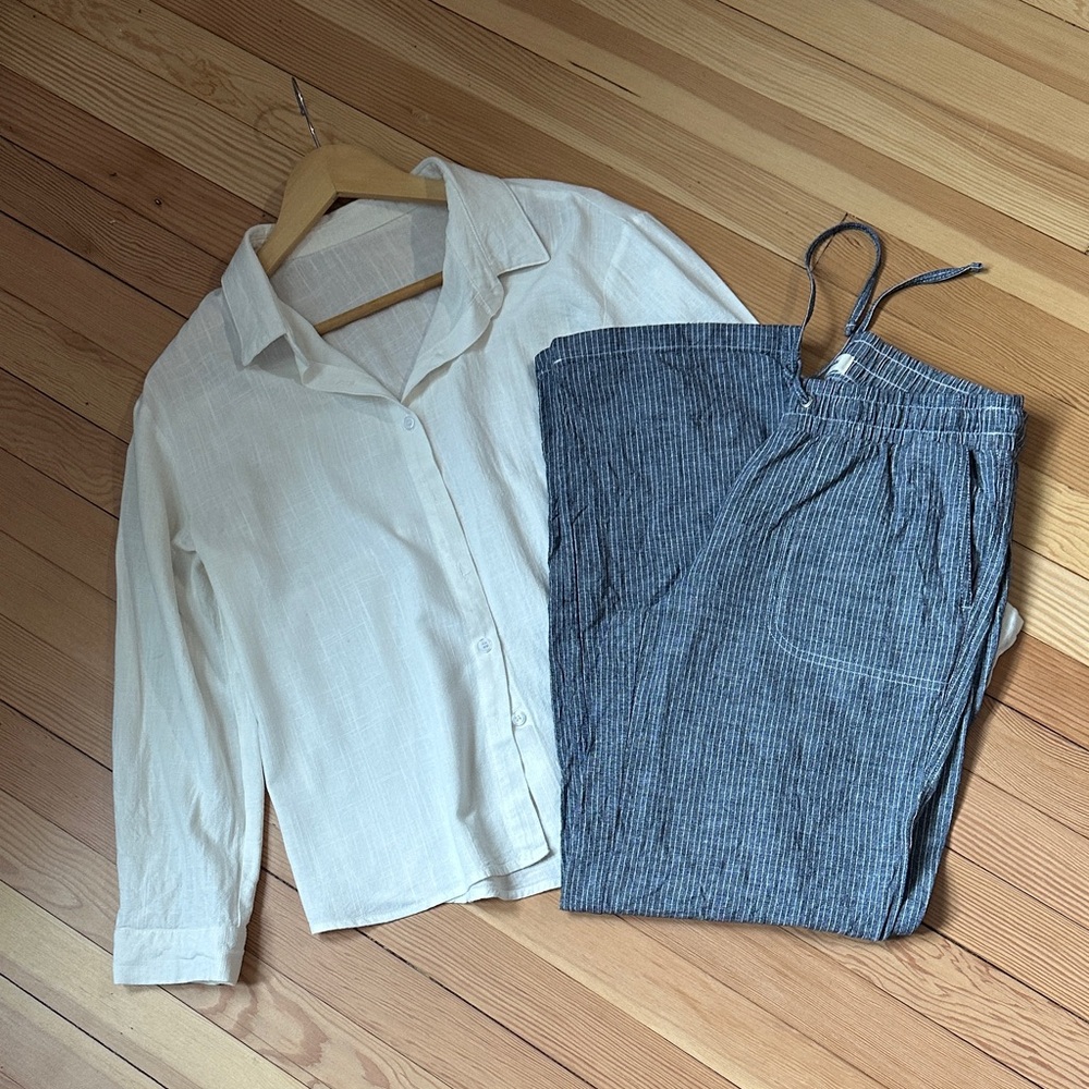Bundle Wide Leg Navy Striped Women's Trousers and white button up